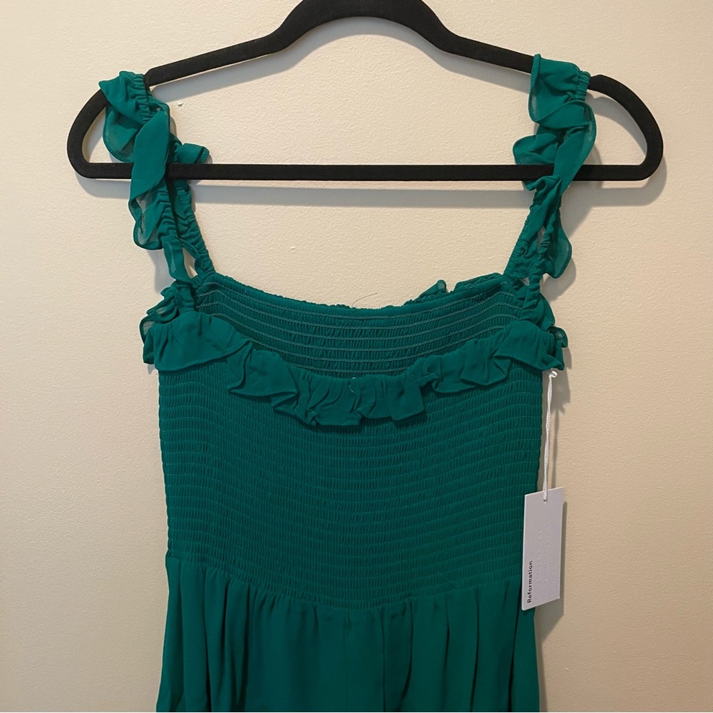 Reformation Green Smocked Midi Dress with Ruffle Straps - Picture 3 of 8